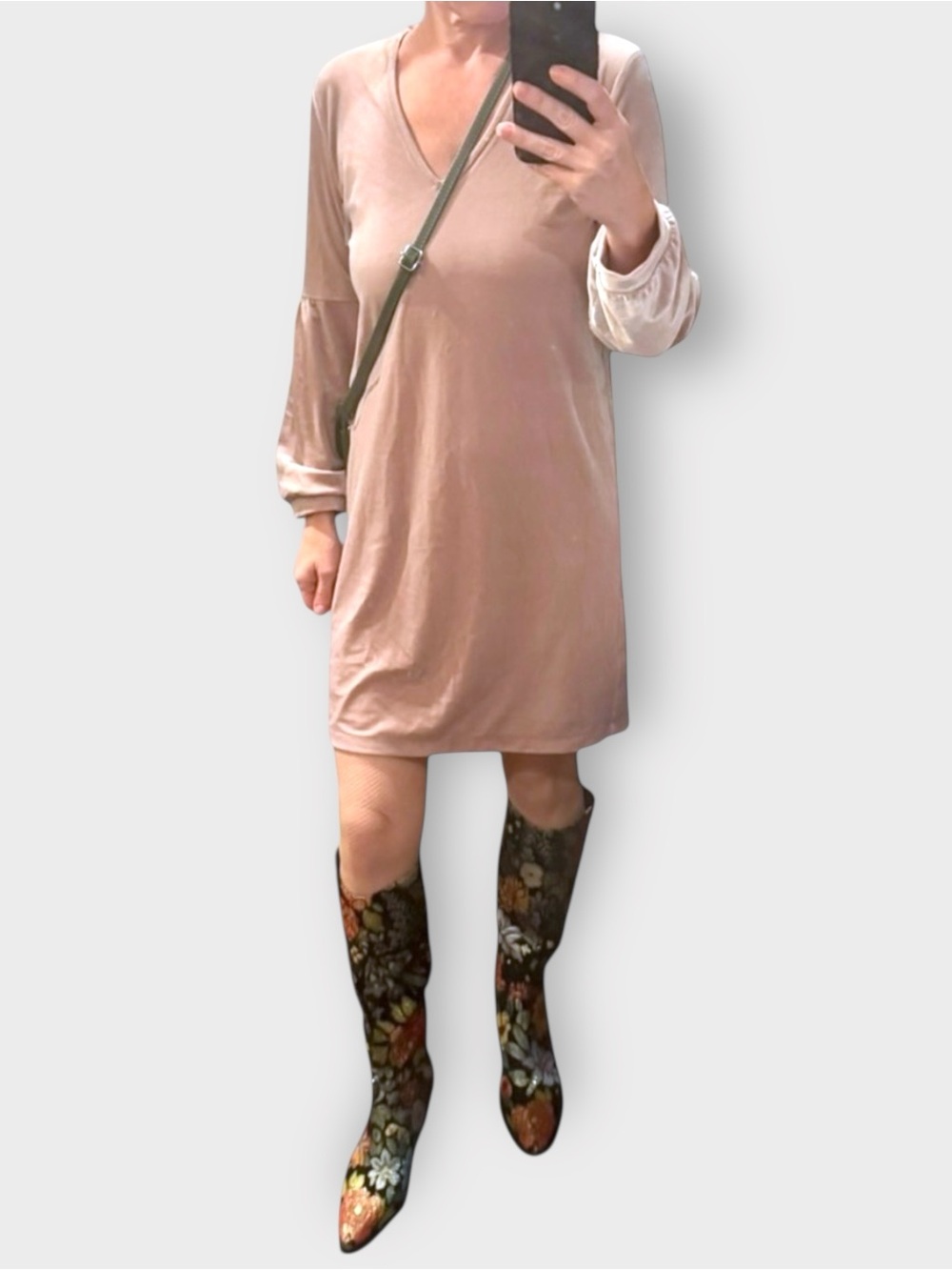 Madewell Velvet Shift Dress Blush Pink Balloon Sleeve V-Neck | Size XXS